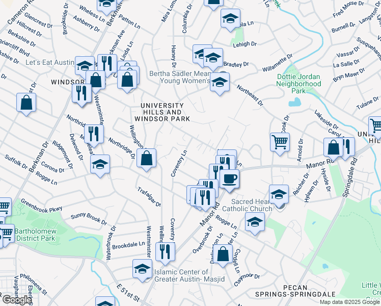 map of restaurants, bars, coffee shops, grocery stores, and more near 2502A Sweeney Lane in Austin