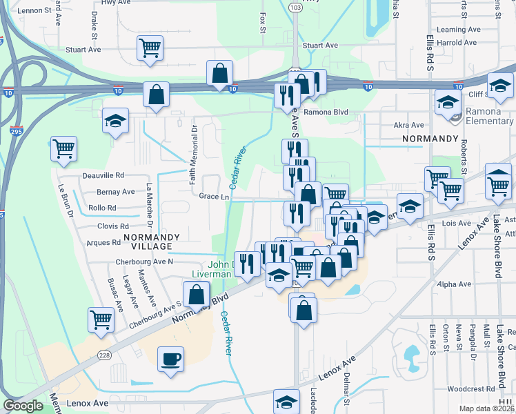 map of restaurants, bars, coffee shops, grocery stores, and more near 911 Granville Road in Jacksonville