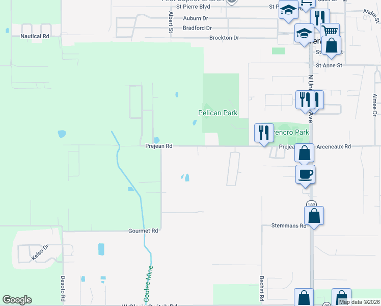 map of restaurants, bars, coffee shops, grocery stores, and more near 411 Prejean Road in Carencro