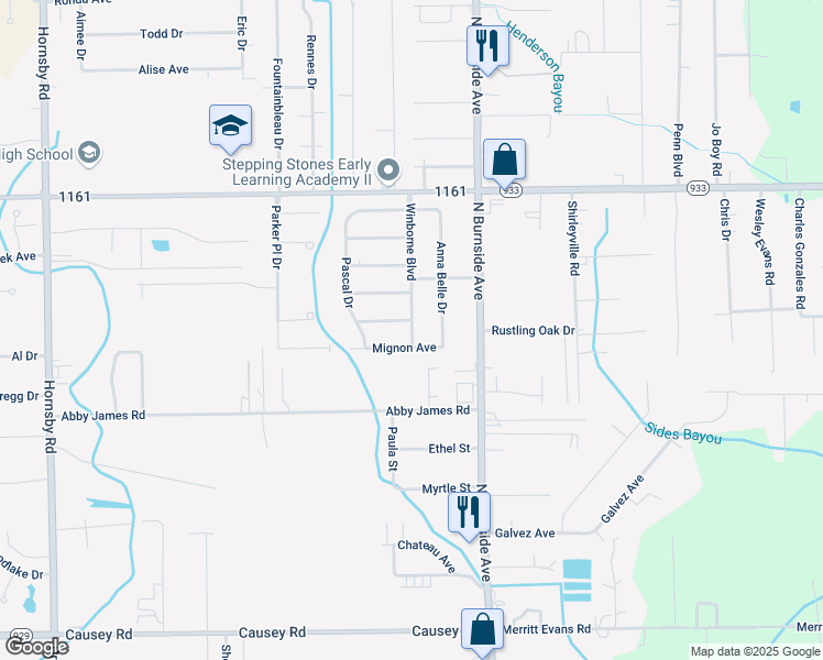 map of restaurants, bars, coffee shops, grocery stores, and more near 16410 Winborne Boulevard in Prairieville