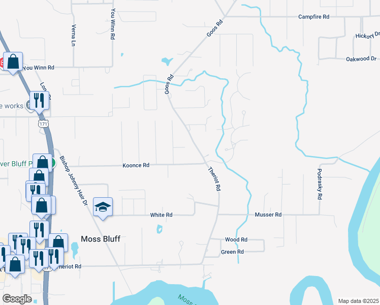 map of restaurants, bars, coffee shops, grocery stores, and more near 857 Post Oak Road in Lake Charles