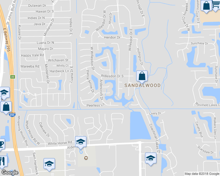 map of restaurants, bars, coffee shops, grocery stores, and more near 11222 Ardencroft Court in Jacksonville
