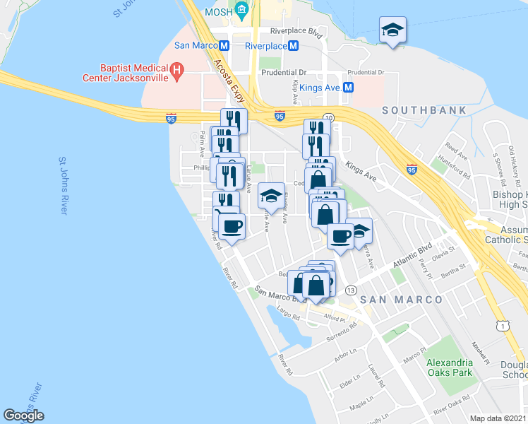 map of restaurants, bars, coffee shops, grocery stores, and more near 1131 Lasalle Street in Jacksonville