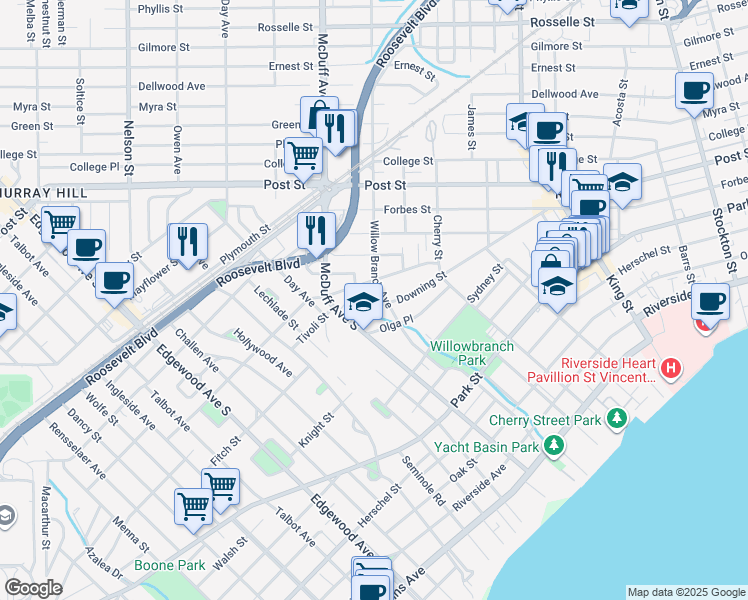 map of restaurants, bars, coffee shops, grocery stores, and more near 2959 Downing Street in Jacksonville