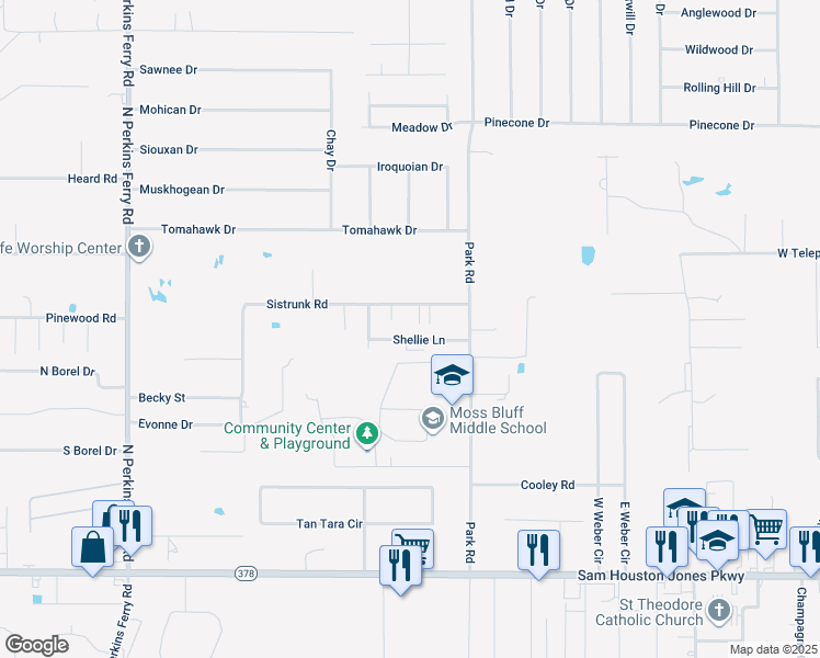 map of restaurants, bars, coffee shops, grocery stores, and more near 1102 Shellie Lane in Lake Charles