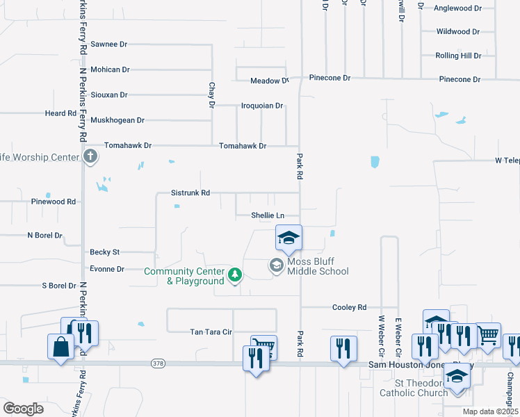 map of restaurants, bars, coffee shops, grocery stores, and more near 1102 Shellie Lane in Lake Charles