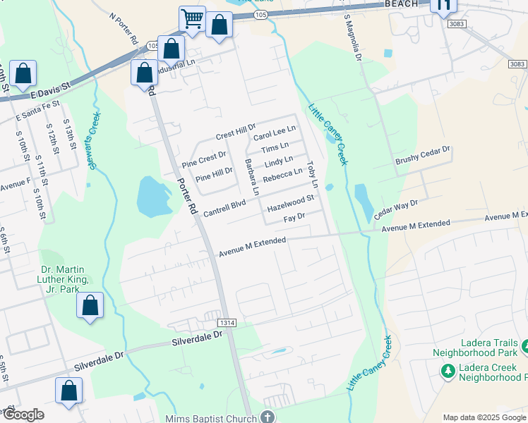 map of restaurants, bars, coffee shops, grocery stores, and more near 1623 Hazelwood Street in Conroe