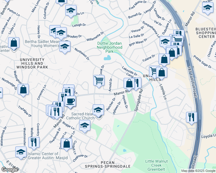 map of restaurants, bars, coffee shops, grocery stores, and more near 6206A Arnold Drive in Austin