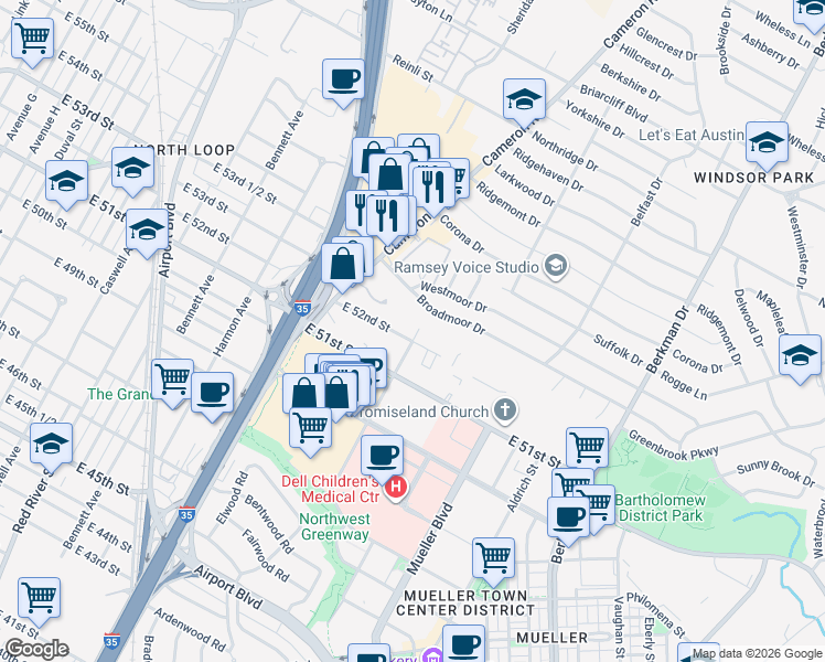 map of restaurants, bars, coffee shops, grocery stores, and more near 1302 East 52nd Street in Austin
