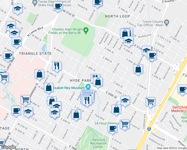 map of restaurants, bars, coffee shops, grocery stores, and more near 4523 Avenue G in Austin