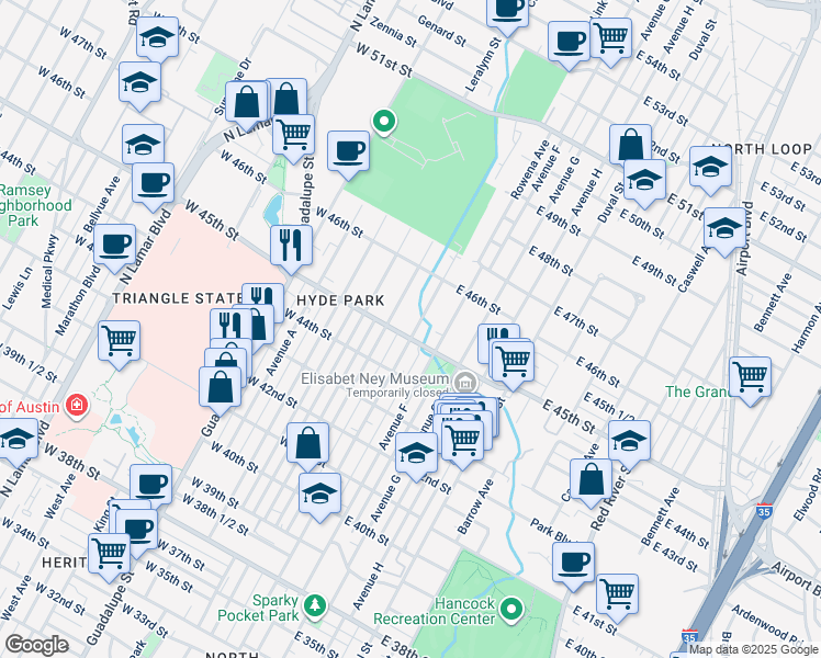 map of restaurants, bars, coffee shops, grocery stores, and more near 4505 Speedway in Austin