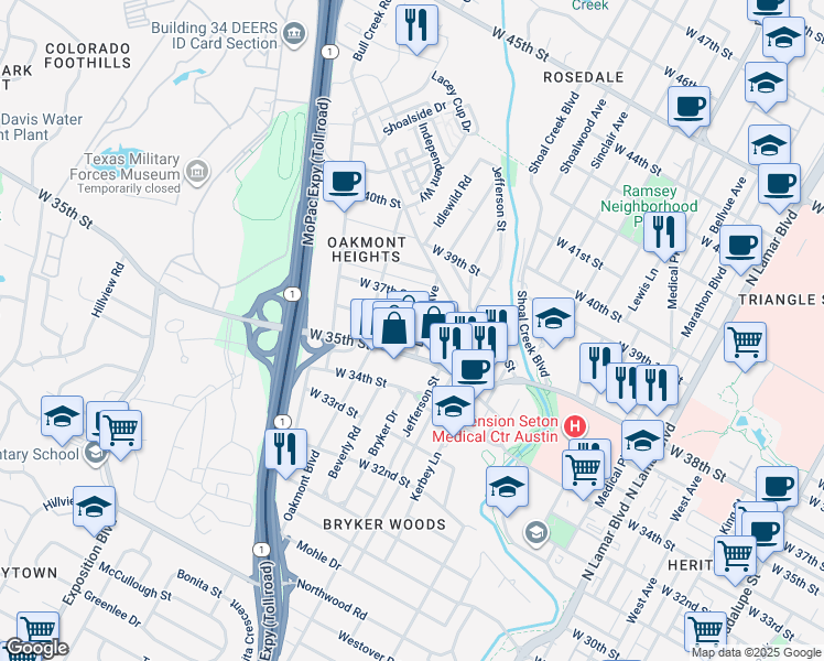 map of restaurants, bars, coffee shops, grocery stores, and more near 1813 West 36th Street in Austin