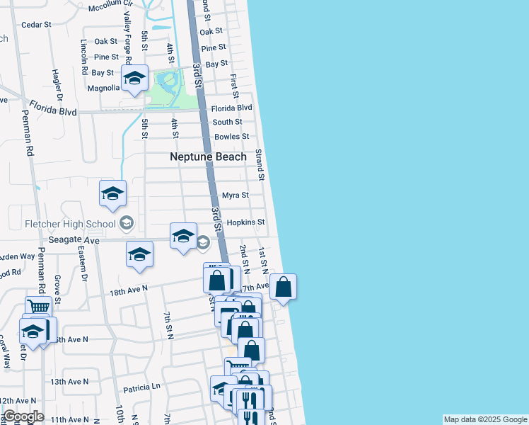 map of restaurants, bars, coffee shops, grocery stores, and more near 2000 Strand Street in Neptune Beach