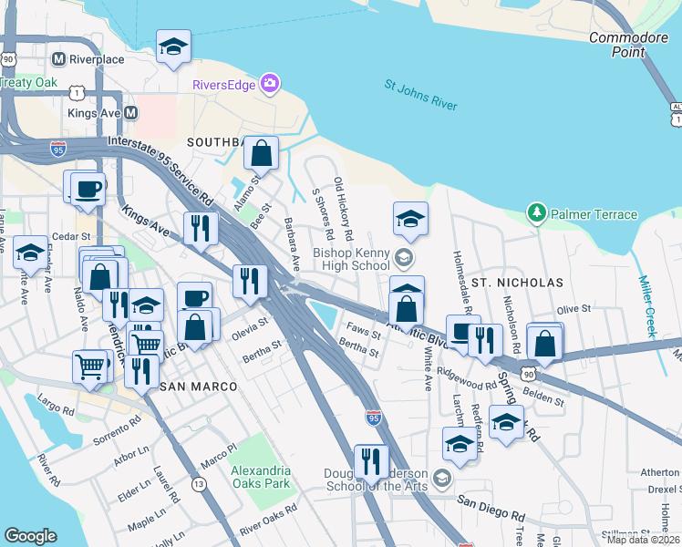 map of restaurants, bars, coffee shops, grocery stores, and more near 2205 Southampton Road in Jacksonville