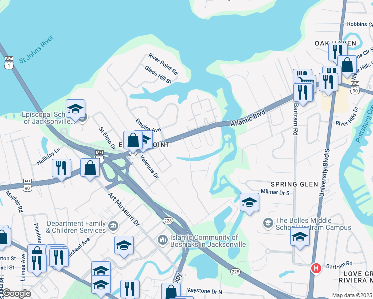 map of restaurants, bars, coffee shops, grocery stores, and more near 1644 Jork Road in Jacksonville