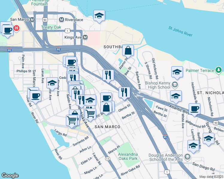 map of restaurants, bars, coffee shops, grocery stores, and more near 1811 Landon Avenue in Jacksonville