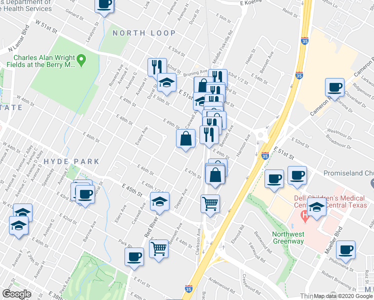 map of restaurants, bars, coffee shops, grocery stores, and more near 4802 Red River Street in Austin