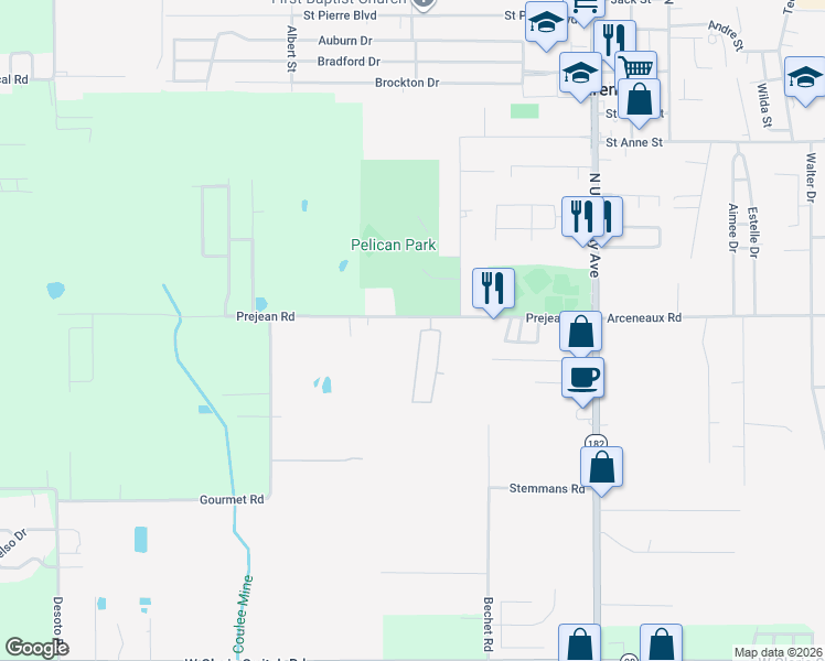 map of restaurants, bars, coffee shops, grocery stores, and more near 106 Wisteria Bend Cir in Carencro