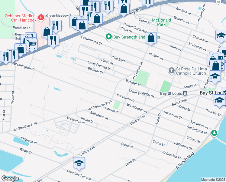 map of restaurants, bars, coffee shops, grocery stores, and more near 601 Sycamore Street in Bay St. Louis