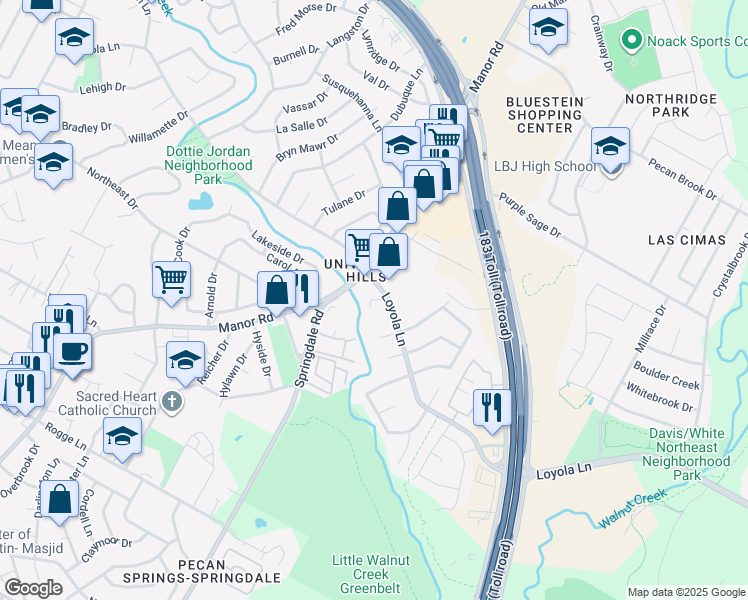 map of restaurants, bars, coffee shops, grocery stores, and more near 4701 Loyola Lane in Austin