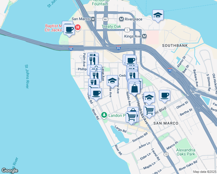 map of restaurants, bars, coffee shops, grocery stores, and more near 1131 Lasalle Street in Jacksonville