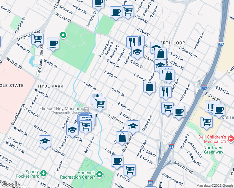 map of restaurants, bars, coffee shops, grocery stores, and more near 511 E 47th St in Austin