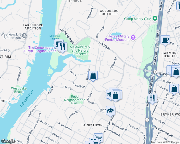 map of restaurants, bars, coffee shops, grocery stores, and more near 2903 Wade Avenue in Austin