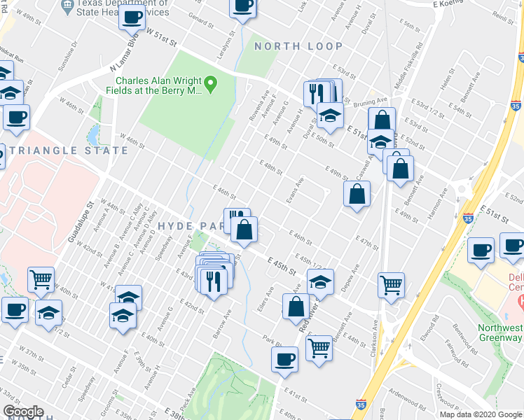 map of restaurants, bars, coffee shops, grocery stores, and more near 4600 Duval Street in Austin
