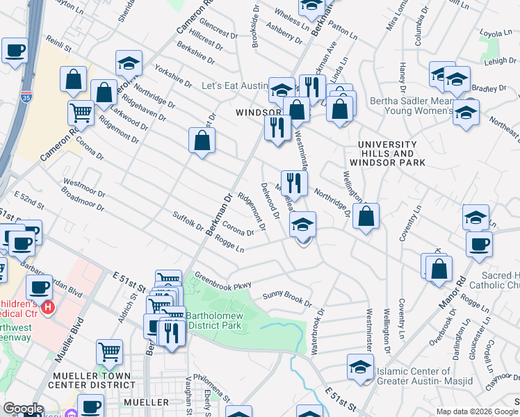 map of restaurants, bars, coffee shops, grocery stores, and more near 1808 Ridgemont Drive in Austin
