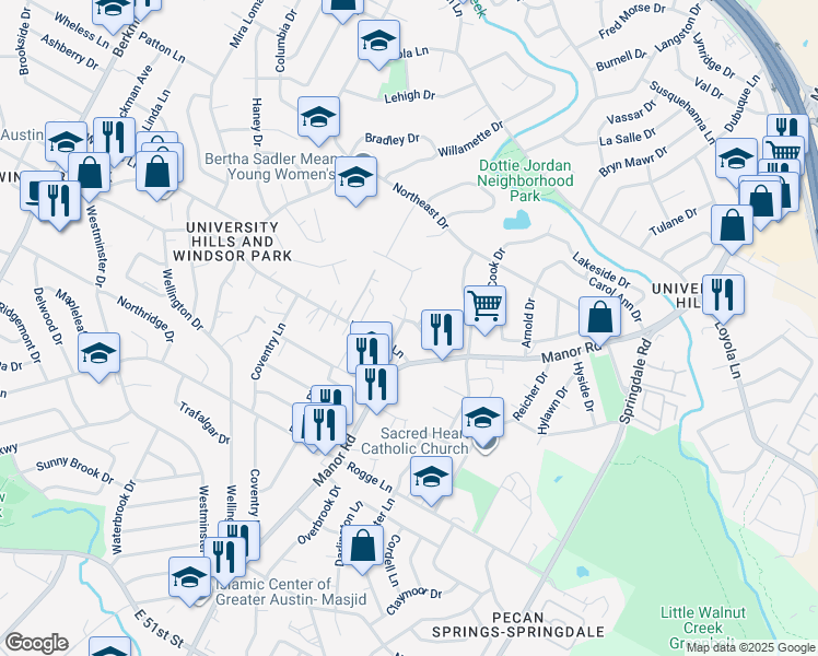 map of restaurants, bars, coffee shops, grocery stores, and more near 6109 Friendswood Drive in Austin