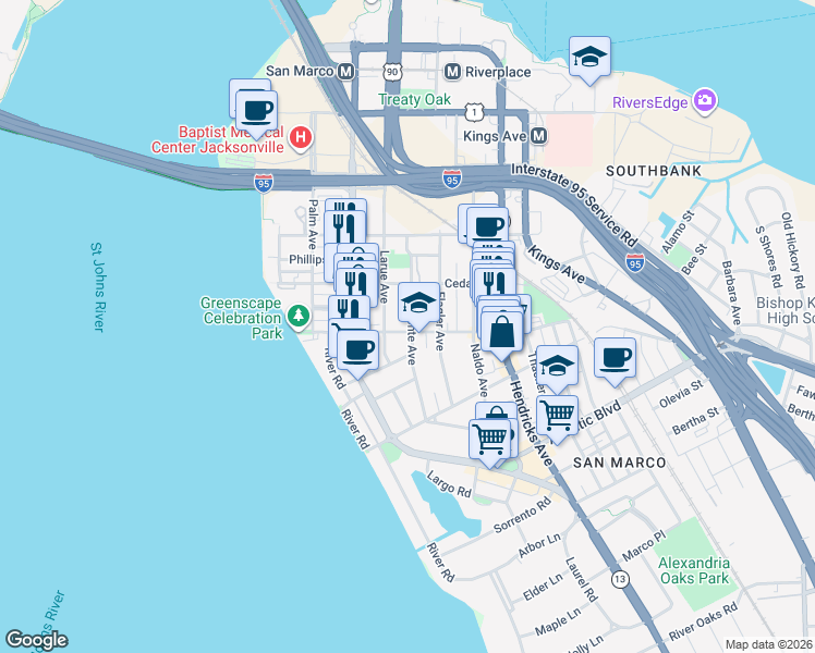 map of restaurants, bars, coffee shops, grocery stores, and more near 1131 Lasalle Street in Jacksonville