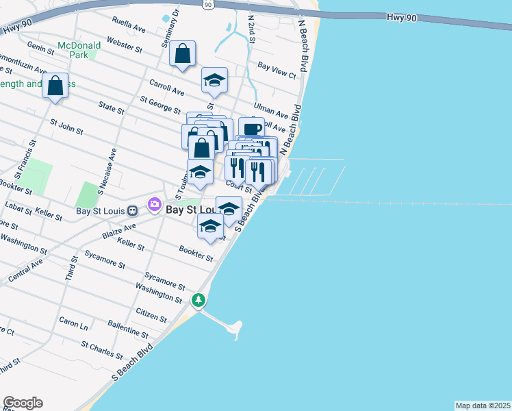 map of restaurants, bars, coffee shops, grocery stores, and more near 206 South Beach Boulevard in Bay St. Louis