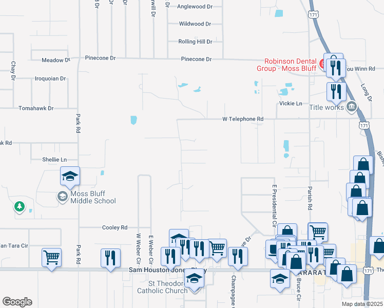 map of restaurants, bars, coffee shops, grocery stores, and more near 561 Dewey Rd in Lake Charles