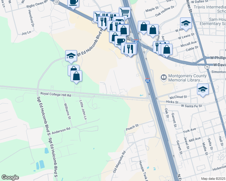 map of restaurants, bars, coffee shops, grocery stores, and more near 1406 FM 2854 Road in Conroe