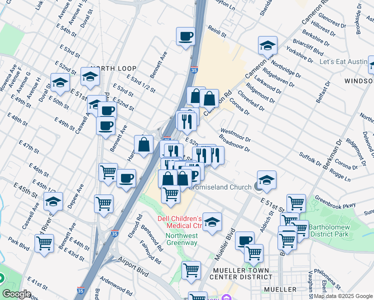 map of restaurants, bars, coffee shops, grocery stores, and more near 1122 East 51st Street in Austin