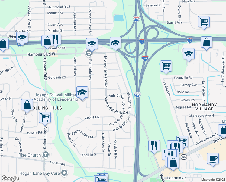 map of restaurants, bars, coffee shops, grocery stores, and more near 7632 Contour Drive in Jacksonville