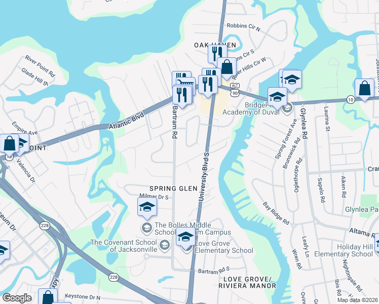 map of restaurants, bars, coffee shops, grocery stores, and more near 5808 Bartram Circle East in Jacksonville