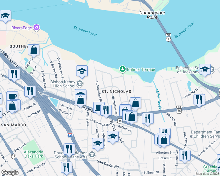 map of restaurants, bars, coffee shops, grocery stores, and more near 3026 Jolly Road in Jacksonville