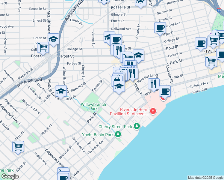 map of restaurants, bars, coffee shops, grocery stores, and more near 2795 Park Street in Jacksonville