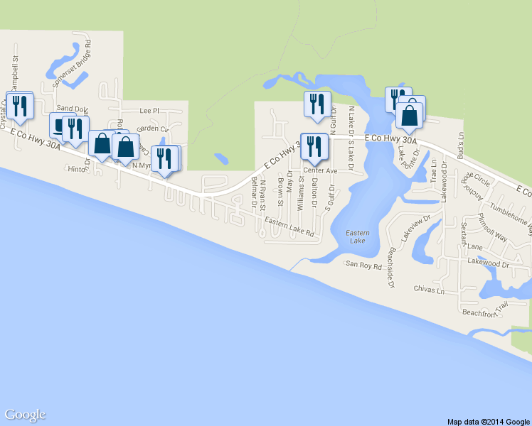 map of restaurants, bars, coffee shops, grocery stores, and more near 18 North Ryan Street in Santa Rosa Beach