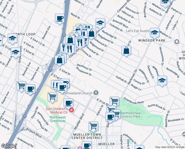 map of restaurants, bars, coffee shops, grocery stores, and more near 1402 Broadmoor Drive in Austin