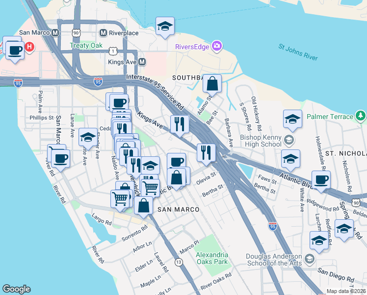 map of restaurants, bars, coffee shops, grocery stores, and more near 1811 Landon Avenue in Jacksonville
