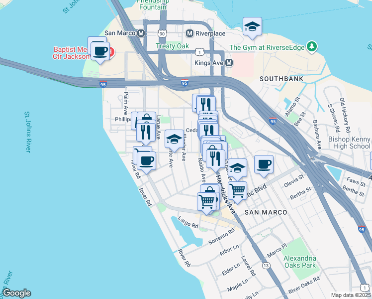 map of restaurants, bars, coffee shops, grocery stores, and more near 1305 Lasalle Street in Jacksonville