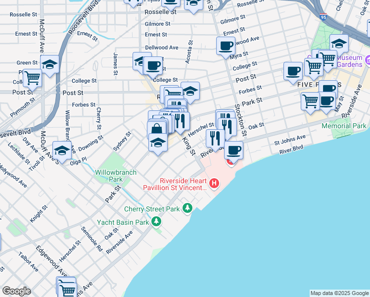 map of restaurants, bars, coffee shops, grocery stores, and more near 2715 Oak Street in Jacksonville