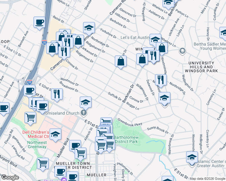 map of restaurants, bars, coffee shops, grocery stores, and more near 1511 Corona Drive in Austin