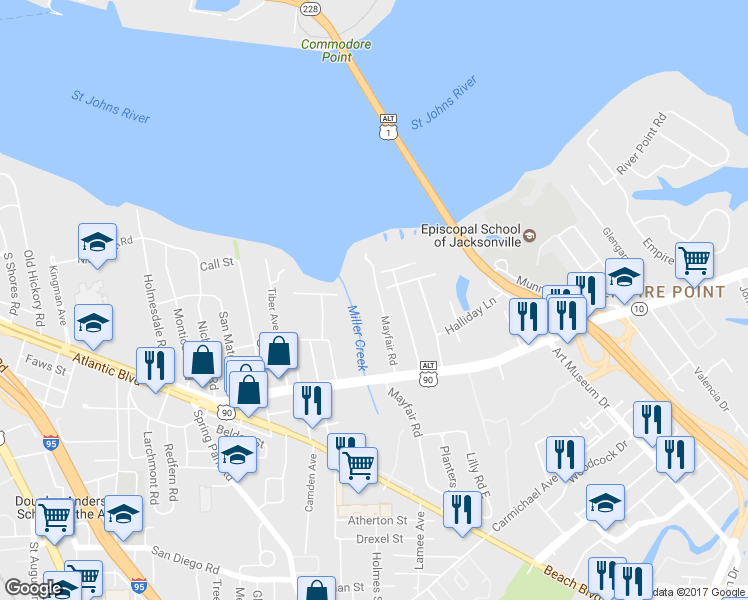 map of restaurants, bars, coffee shops, grocery stores, and more near 1334 Mayfair Road in Jacksonville