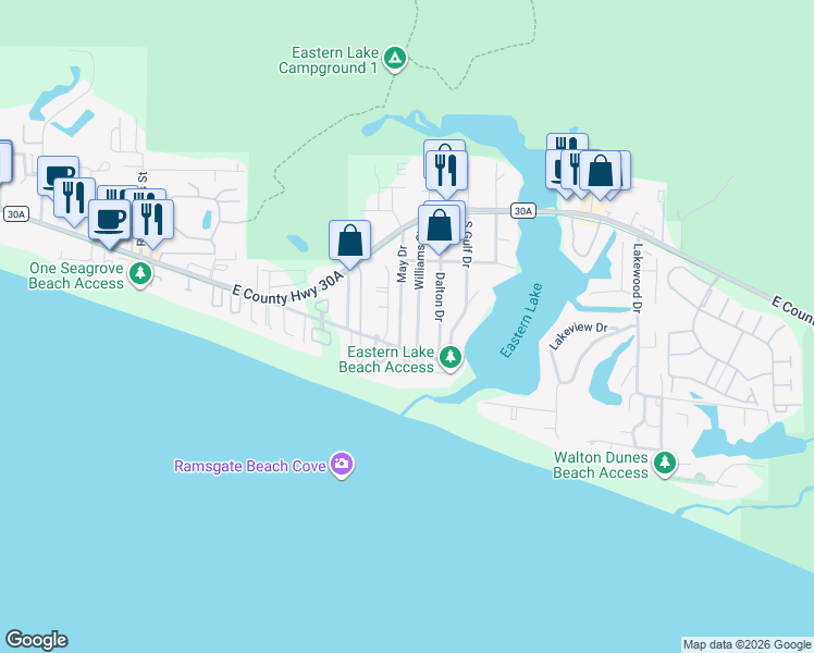 map of restaurants, bars, coffee shops, grocery stores, and more near 247 May Drive in Santa Rosa Beach