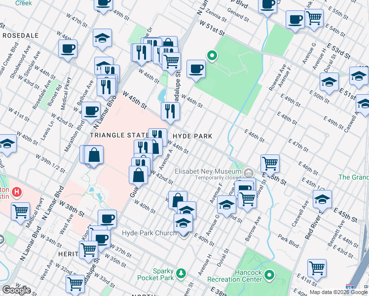 map of restaurants, bars, coffee shops, grocery stores, and more near in Austin
