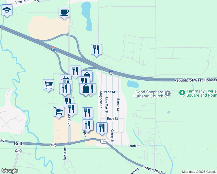 map of restaurants, bars, coffee shops, grocery stores, and more near 1608 Live Oak Street in Slidell