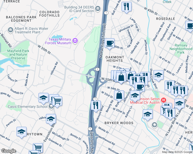 map of restaurants, bars, coffee shops, grocery stores, and more near 2210 West 35th Street in Austin